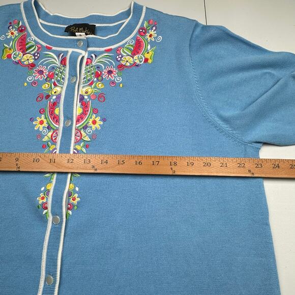 Bob Mackie Sweater Womens XL Blue Fruit Floral Embroidered Cardigan Artsy Preppy - Picture 11 of 14